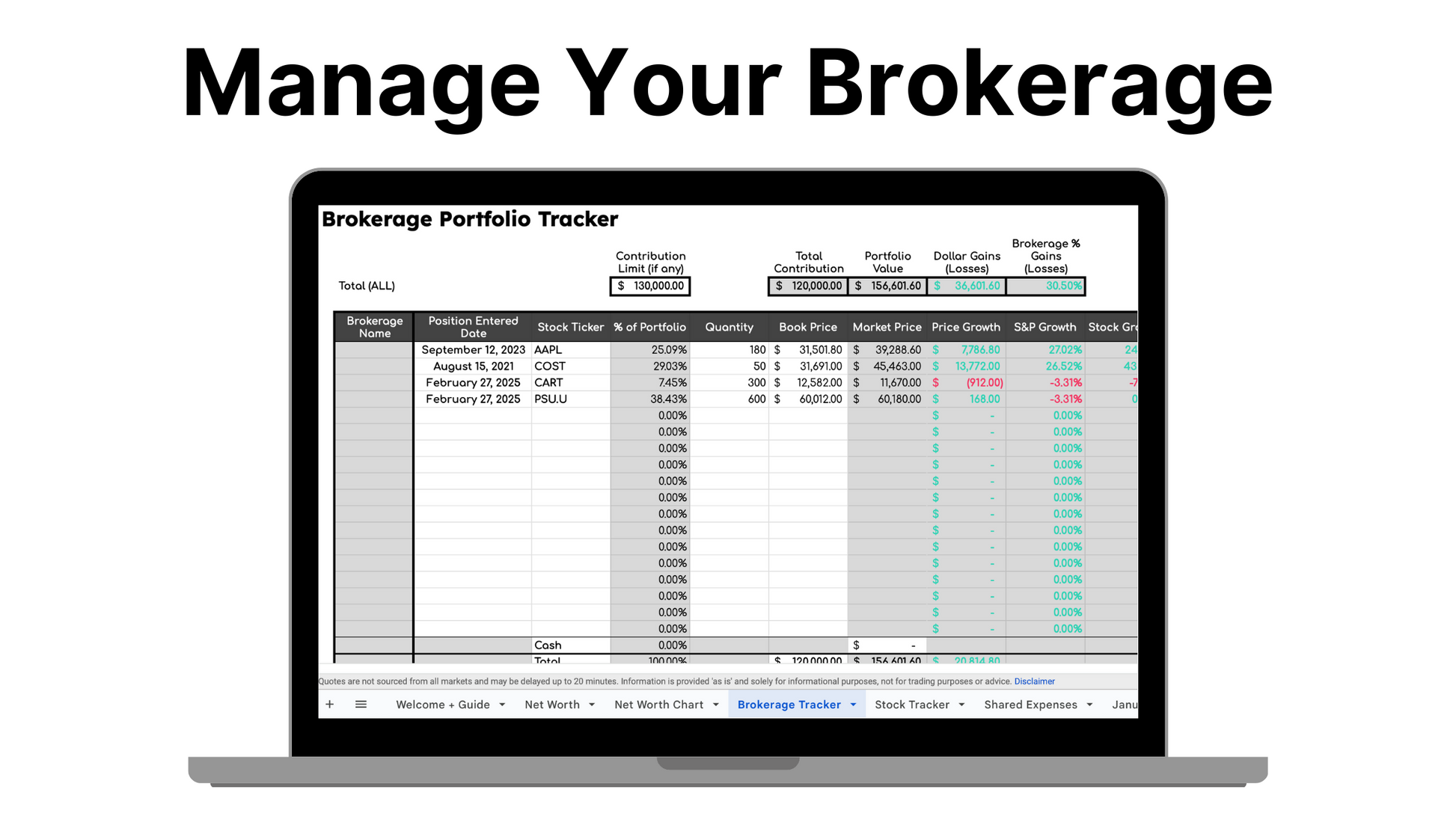 🌎 - All In One Finance Tracker (Net Worth, Brokerage, Stocks, Shared Expenses, and Budget Template)